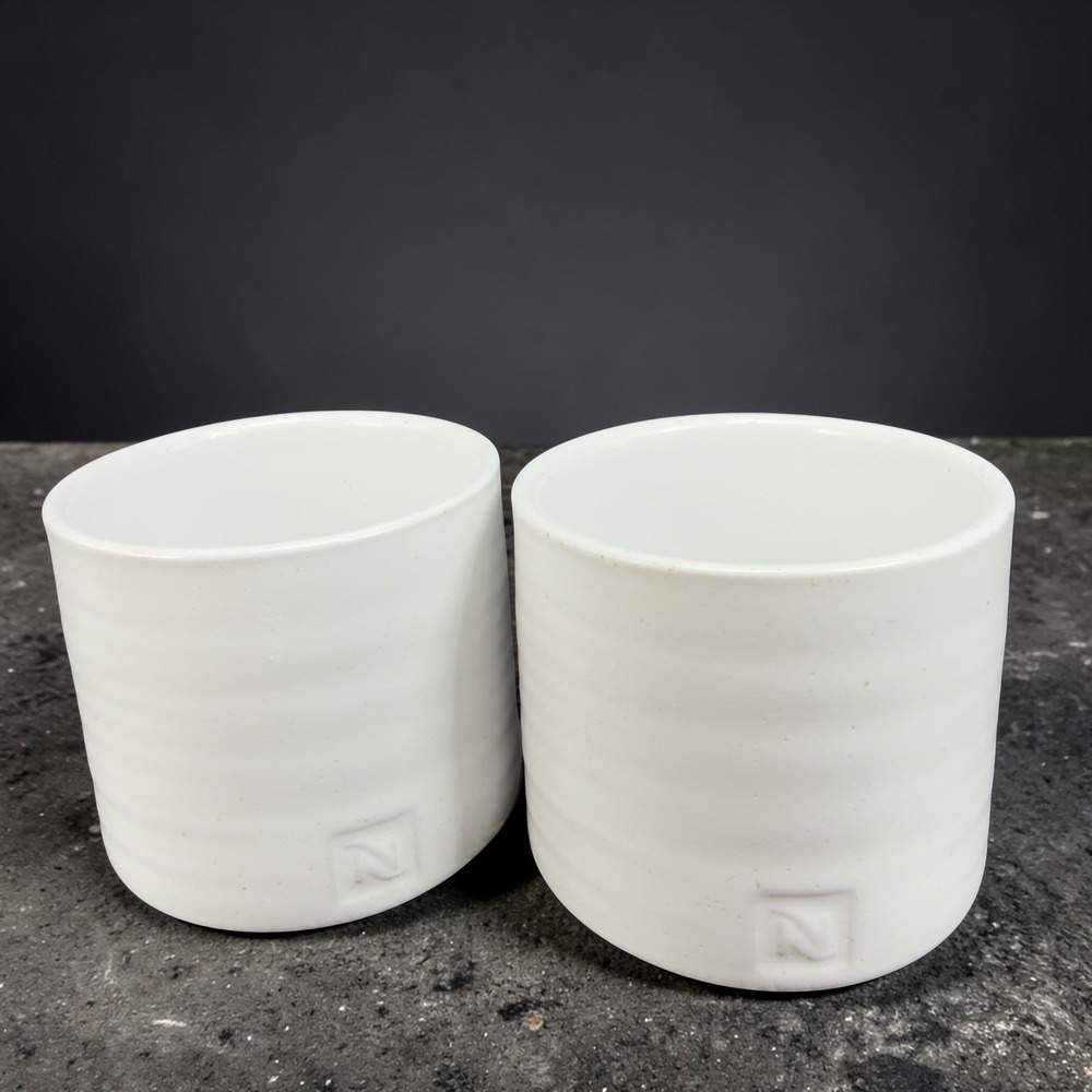 Nespresso Collections White‎ Ceramic Ribbed Espresso Cups Set of 2 Embossed Logo